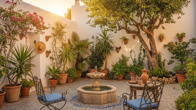 Patio tradicional ibicenco con plantas y fuente en ambiente mediterraneo