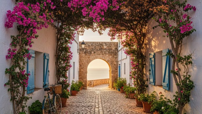 Charming street in Ibiza old town with bougainvillea and whitewashed walls