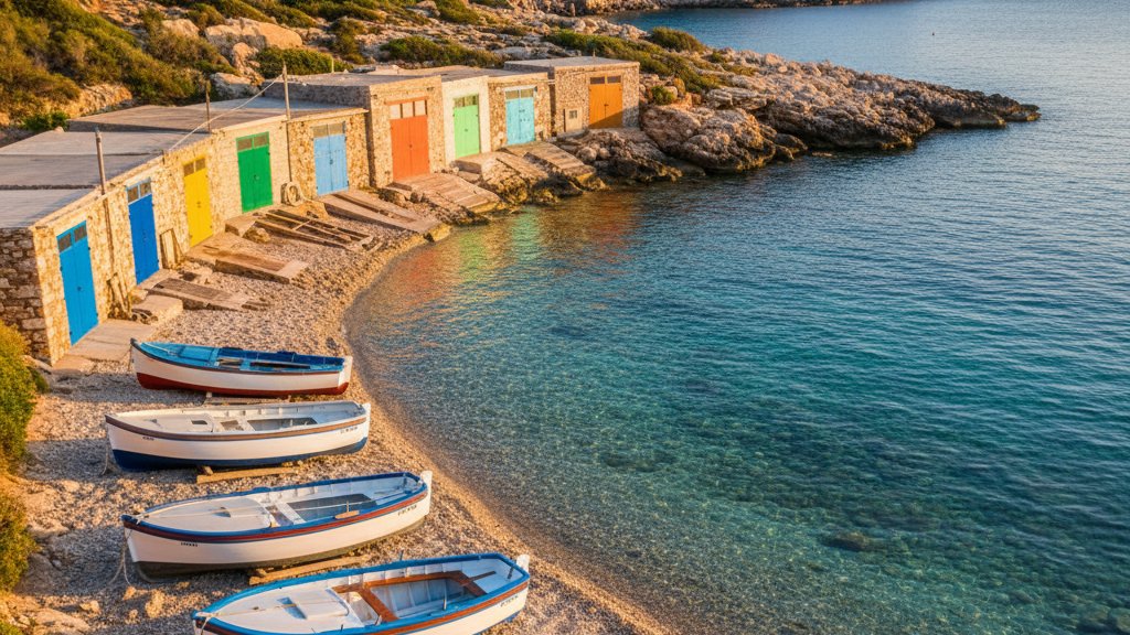 Calas Secretas Cerca del Casco Antiguo de Ibiza 1 Casetas varadero tradicionales en una cala de Ibiza con barcas de pesca