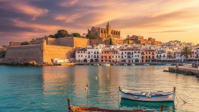 Vista panoramica de las murallas de Dalt Vila desde el puerto de Ibiza al atardecer