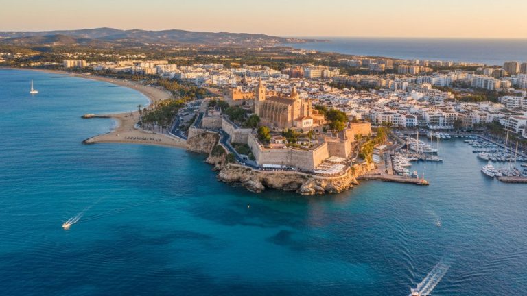 Vista aerea de la costa de Ibiza ciudad mostrando los diferentes barrios