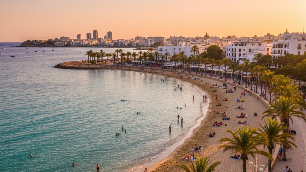 7 Best Beaches Within Walking Distance of Ibiza Town 1 Figueretas beach in Ibiza with town skyline visible across the bay