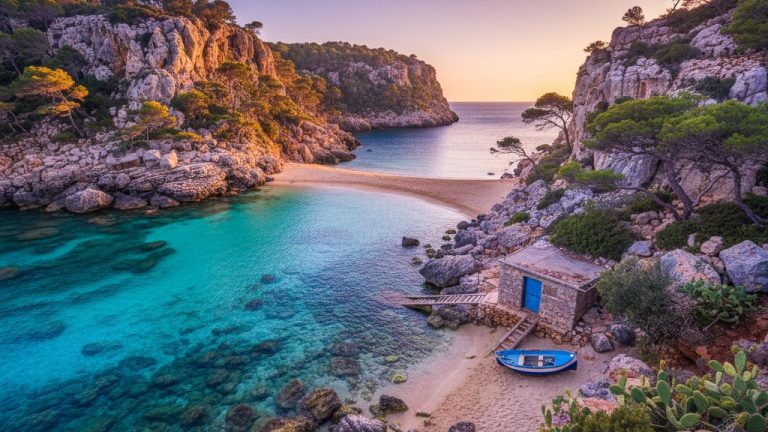 Hidden cove in Ibiza with turquoise water and pine-covered cliffs