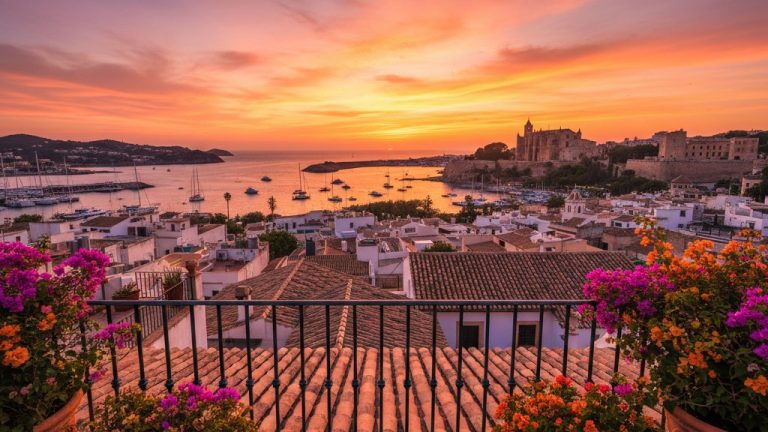 Terraza con vistas panoramicas al atardecer sobre Dalt Vila y el puerto de Ibiza