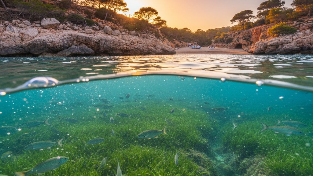 Hidden Coves Near Ibiza Old Town: A Local Guide 1 Split-level view of Ibiza cove showing posidonia seagrass underwater