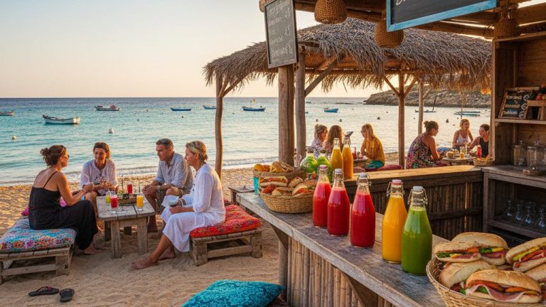 Chiringuito rustico en una playa de Ibiza con ambiente bohemio y mar turquesa