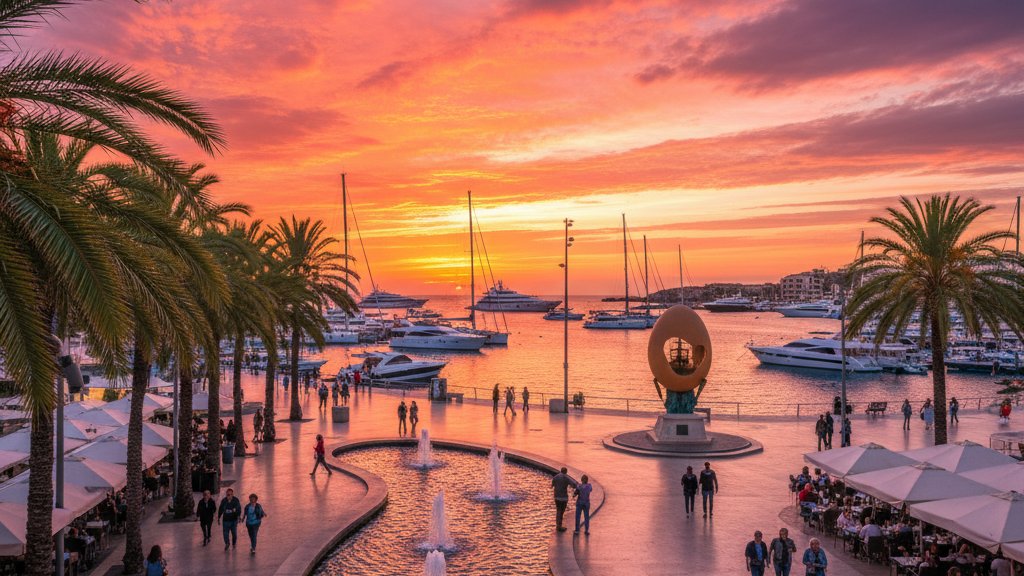 Ibiza Ciudad vs San Antonio: Que Zona Te Conviene Mas 1 Paseo de ses Fonts en San Antonio con fuentes y vista a la bahia