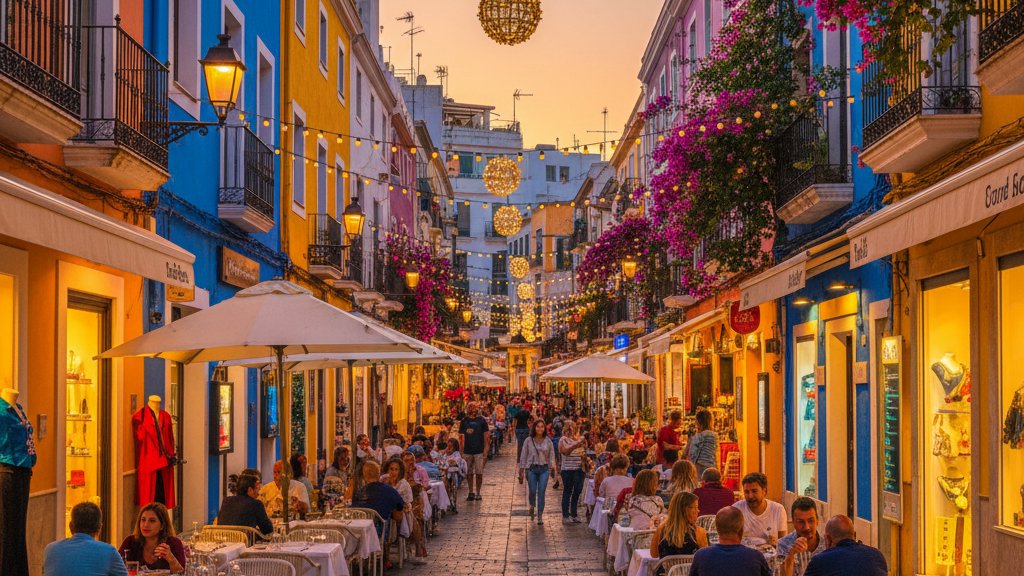 Donde Alojarse en Ibiza: Guia Completa por Zonas 1 Barrio de La Marina en Ibiza de noche con restaurantes iluminados