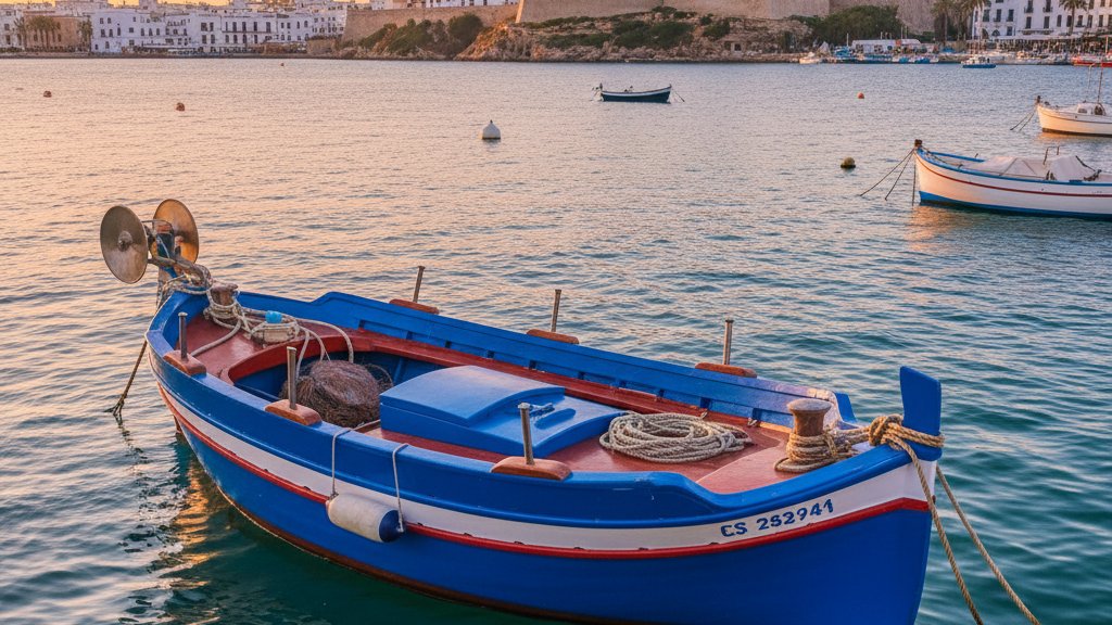 Mejores Restaurantes Cerca de Vara de Rey: Guia Gastronomica 1 Llaut tradicional de pesca en el puerto de Ibiza con Dalt Vila al fondo