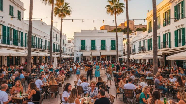 Plaza del Parque en Ibiza ciudad con terrazas de cafes y palmeras