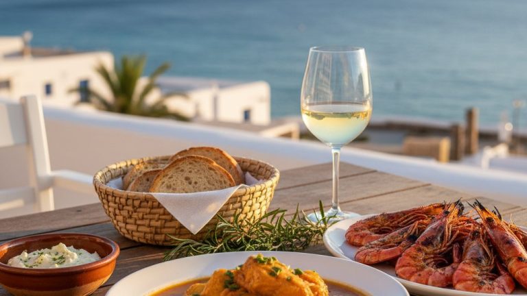 Platos de marisco tradicional ibicenco con bullit de peix y gambas a la plancha