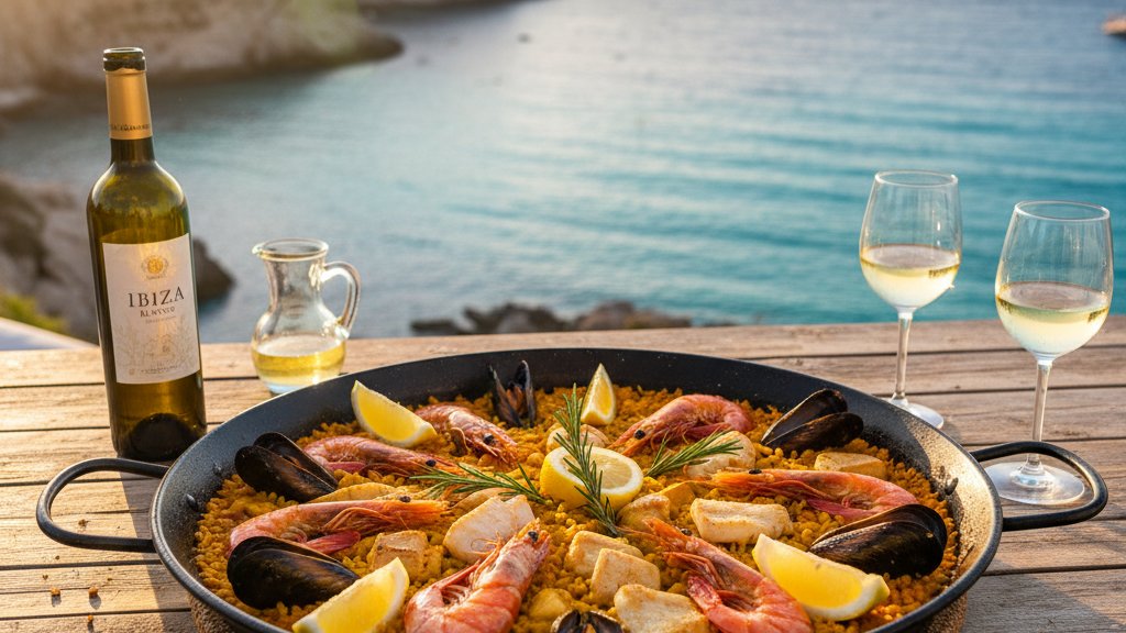 Best Restaurants Near Vara de Rey: A Local Foodie Guide 1 Traditional seafood paella at an Ibiza restaurant with sea views
