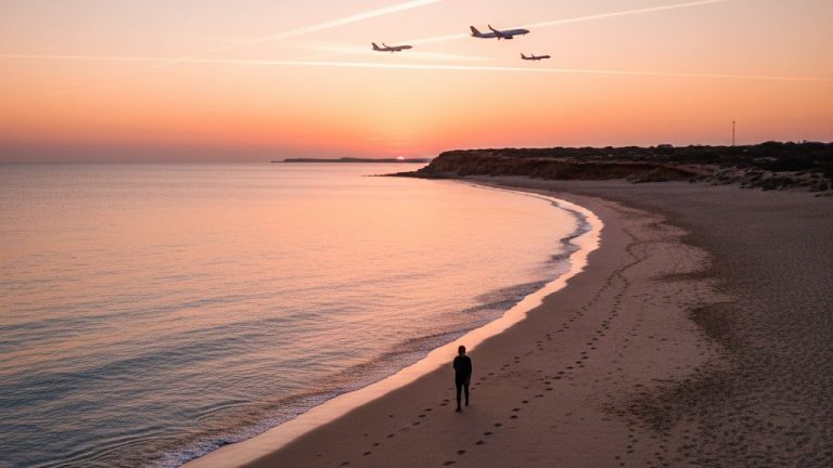 Solo traveler walking on Es Bol Nou beach at golden hour in Ibiza