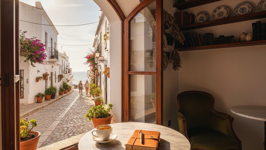 Solo Travel in Ibiza: The Complete Guide for Independent Travelers 1 Cozy corner cafe in Ibiza old town with journal and cobblestone street view