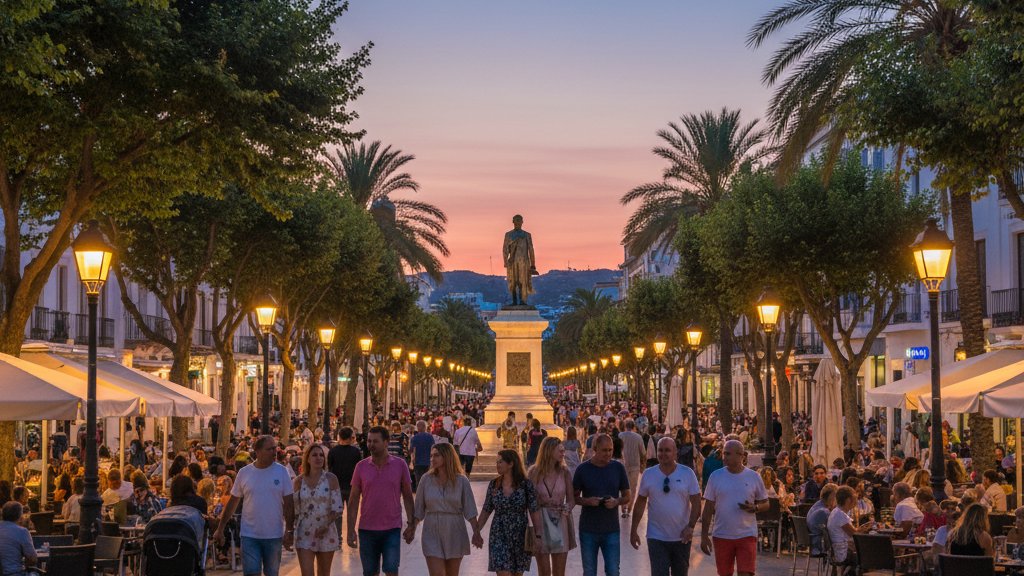 The Complete Guide to Budget Accommodation in Ibiza Town 1 Paseo Vara de Rey in Ibiza at evening blue hour with illuminated terraces