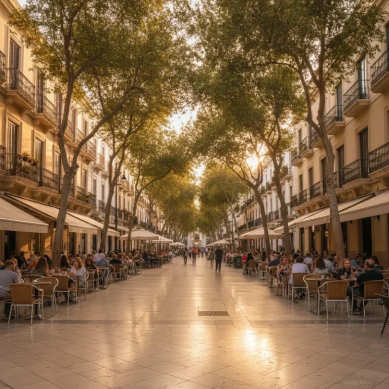 Wide pedestrian promenade in Ibiza Town featuring mature trees, Mediterranean facades, and lively cafe terraces at sunset