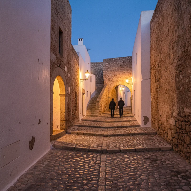 Is Ibiza Safe for Solo Female Travellers? An Honest Local Guide 1 Narrow cobbled street in Dalt Vila, warm lamplight illuminating whitewashed walls as people stroll in the blue hour