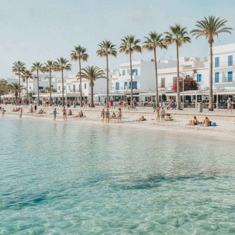 Is Ibiza Safe for Solo Female Travellers? An Honest Local Guide 2 Figueretas Beach in Ibiza Town on a clear morning, featuring calm turquoise water and a relaxed crowd under tall palms