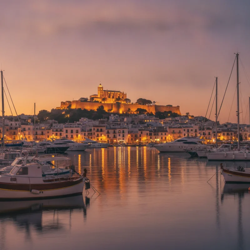 Viajar sola a Ibiza: ¿es seguro? Guía honesta desde Ibiza ciudad 1 Puerto de Ibiza al atardecer con barcos de pesca y recreo, reflejos cálidos en el agua y Dalt Vila iluminado en la cima