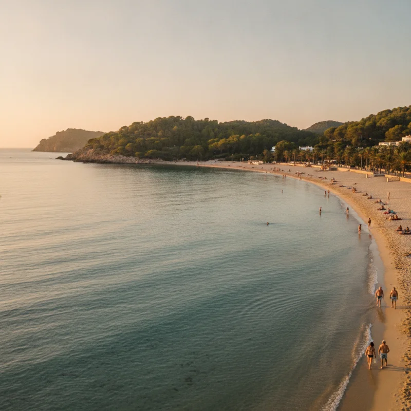 Viajar sola a Ibiza: ¿es seguro? Guía honesta desde Ibiza ciudad 2 Playa de Talamanca con aguas tranquilas, arena extendida y bañistas bajo la luz suave del atardecer en Ibiza