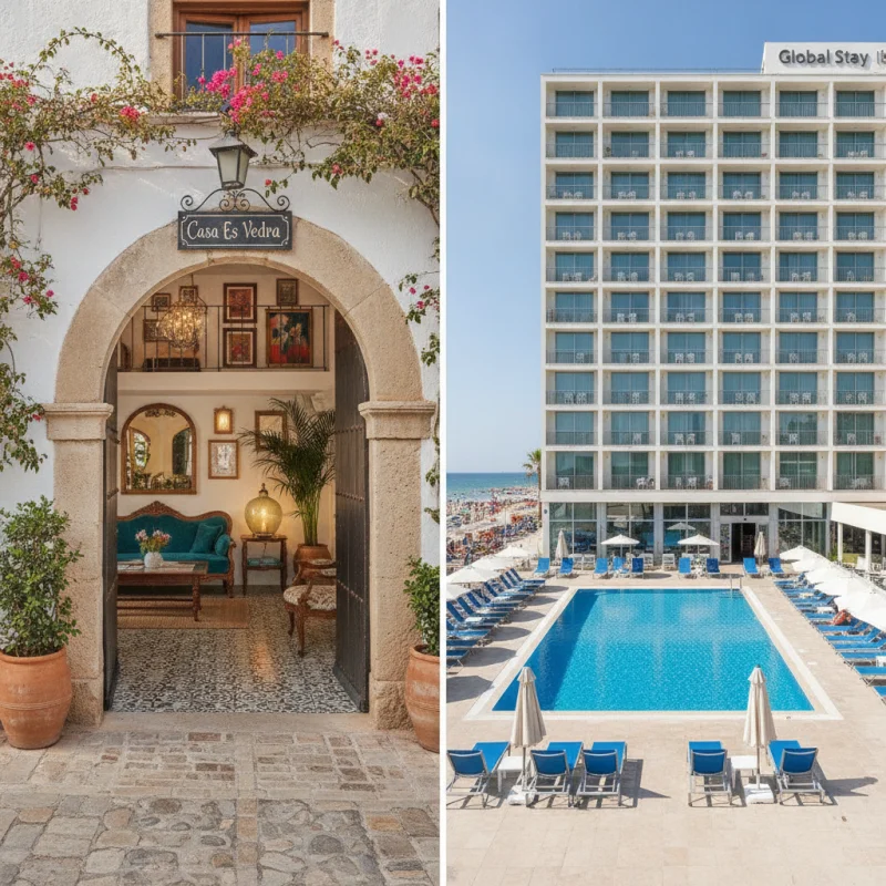 Boutique Hotels in Ibiza Town: What They Are and How to Choose One 1 A side-by-side comparison of a uniquely designed boutique hotel and a standardized chain hotel in Ibiza