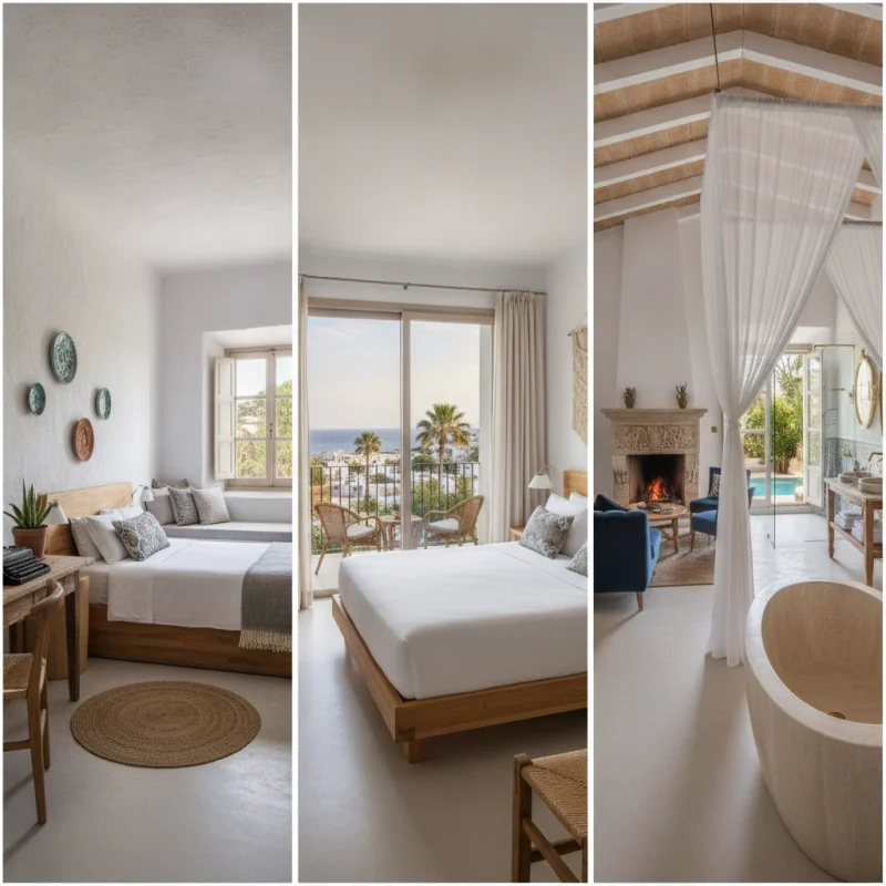 Boutique Hotels in Ibiza Town: What They Are and How to Choose One 2 Cozy single room, double room with city view, and luxurious suite showcasing unique boutique guest house interiors in Ibiza