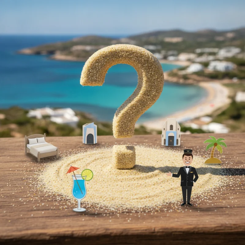 Hoteles boutique en Ibiza ciudad: qué son y cómo elegir 1 Collage colorido de preguntas sobre hoteles boutique en Ibiza, con iconos de cama, cóctel y conserje sobre arena y mar de ...