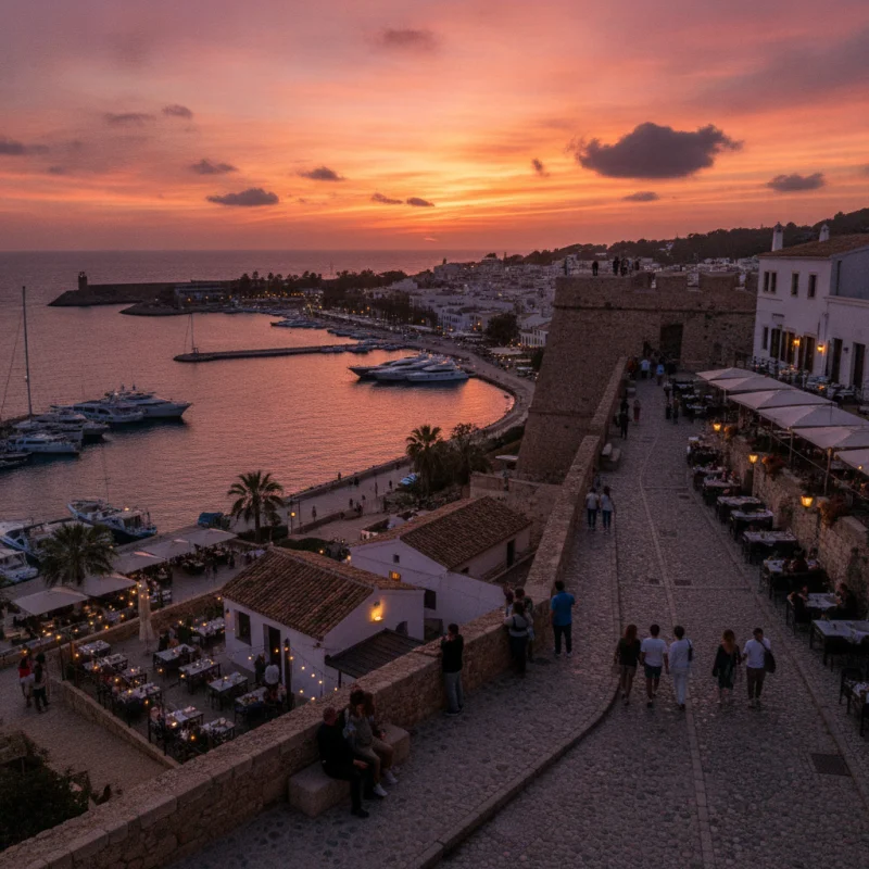 Hoteles boutique en Ibiza ciudad: qué son y cómo elegir 2 Espectacular atardecer en Dalt Vila con turistas disfrutando la vista del puerto y restaurantes iluminados en las calles